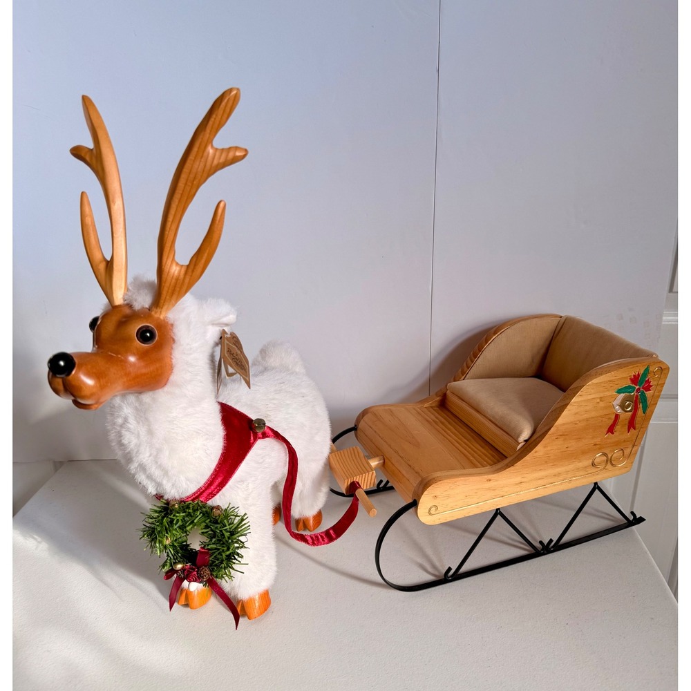 Vintage Robert Raikes Snowflake Reindeer and Wooden Sleigh Set Holiday 1994